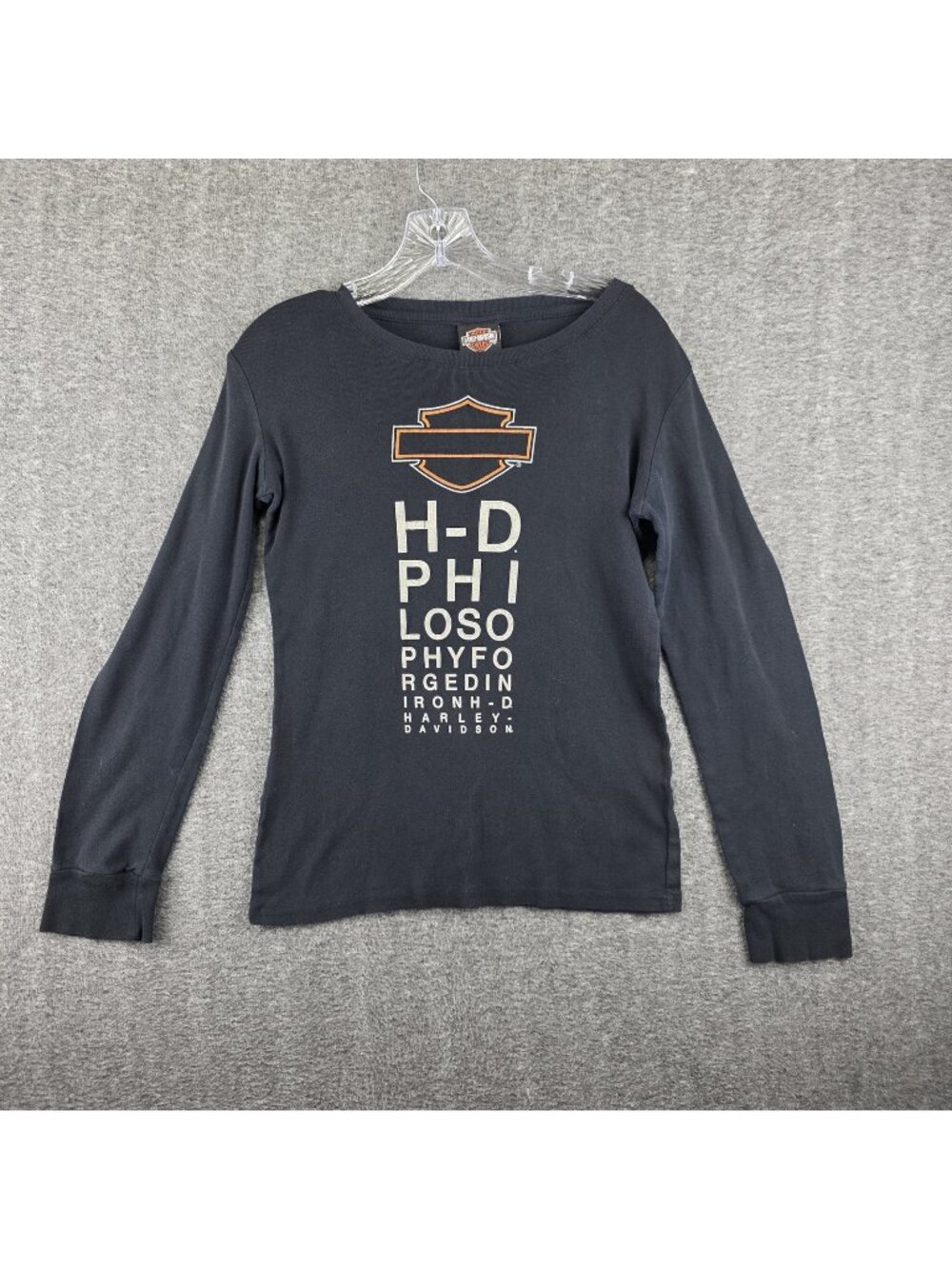 Harley-Davidson Shirt Womens M Black Long Sleeve Crew Neck Eye Chart Graphic